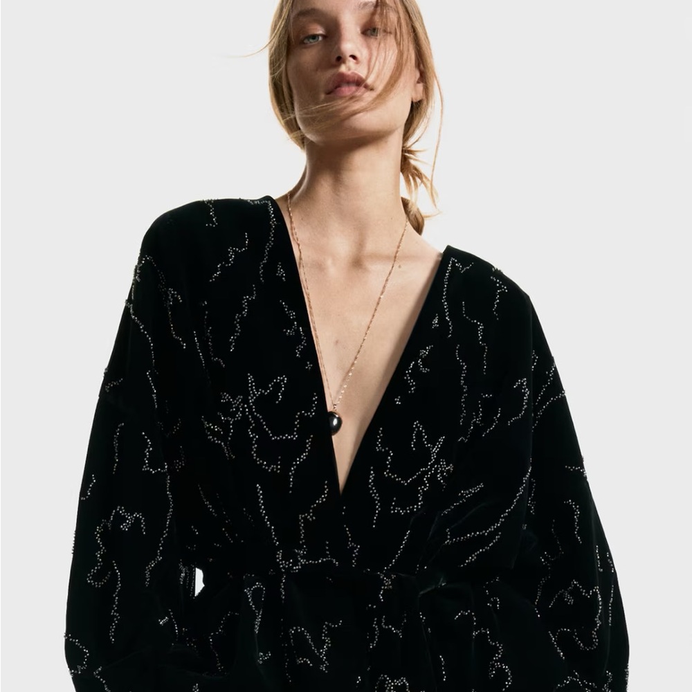 Black Embroidered Beaded Kimono with Fringe Tie Belt Sold out H&M